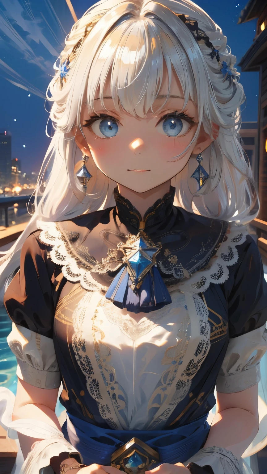 ((Detailed face, Cute Face)), (彼女は白い刺繍の入った長いスカートをyesている, Red blouse with lace, A white apron is tied around her waist, Blue socks, Brown leather shoes, She has a blue scarf wrapped around her head. yes, Her accessories include necklaces., Earrings, bracelet. 1 person)), Ultra-high resolution, (Realistic: 1.4), RAW Photos, Highest quality, (PhotoRealistic Stick), concentrated, Soft Light, ((15 years old)), ((Shiny platinum blonde silky super long straight hair, beautiful shiny bangs, Big clear sky blue eyes, Very beautiful bright eye highlights )), (( (Young Face))), (surface), (Depth of written boundary), masterpiece, (Realistic), woman, bangs, ((1 person))