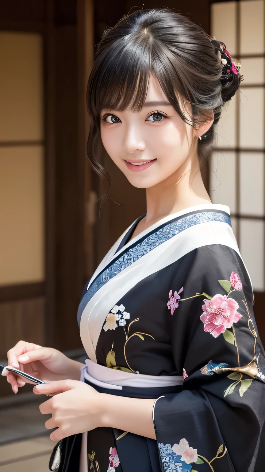(masterpiece:1.3), (8k, Photorealistic, Raw photo, Best image quality: 1.4), Japanese 、Take a full-body photo，Stylish kimono、Cute costume，Japanese hairstyle，crystal，Natural color lip，(Random Hairstyles:1.2)、Super detailed face、Attention to detail、double eyelid、Sharp focus:1.2、Beautiful woman:1.4、Black hair straight、highest quality、masterpiece、超A high resolution、(Photorealistic:1.4)、Highly detailed and professionally lit smile、