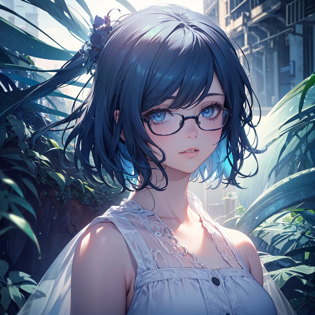 A girl from behind, beautifully detailed eyes, beautifully detailed lips, extremely detailed eyes and face, long eyelashes, white dress, wearing glasses, blue hair, short hair, full body rendering, back view, atmospheric lighting, detailed foliage, vibrant colors, (highest quality, 4k, 8k, high resolution, masterpiece:1.2), ultra detailed, (realistic, photorealistic, photorealistic:1.37), complex background, dreamy atmosphere, cinematic lighting