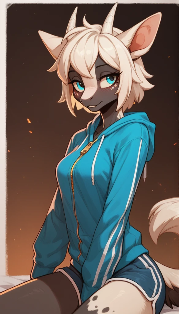 score_9, score_8_up, score_7_up, score_6_up, score_5_up, score_4_up, アニメ, anthropomorphic character, masculine, two color eyes, wearing a blue sweatshirt, Half-open zipper, revealing a little of a white blouse, comfortable shorts with white laces, lazy personality