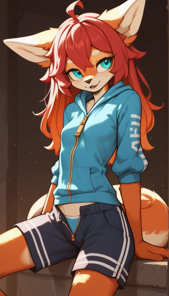 score_9, score_8_up, score_7_up, score_6_up, score_5_up, score_4_up, アニメ, anthropomorphic character, masculine, two color eyes, wearing a blue sweatshirt, Half-open zipper, revealing a little of a white blouse, comfortable shorts with white laces, lazy personality