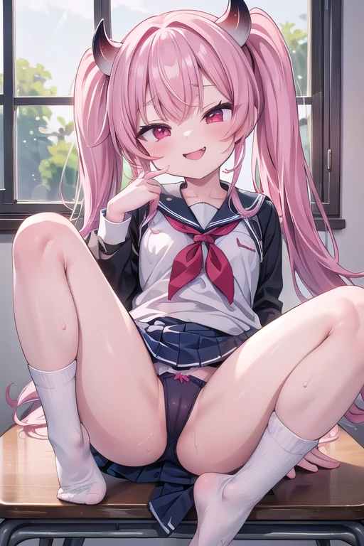 solo、wearing a school uniform, Whole body、Young face、long Hair、long Twin tails、Spoiled brat、Immature body、(Small breasts)、smile、(Sweat)、(Thick thighs:1.5)、(little demon horns and tail)、red eyes、Open mouth、double teeth、fang、blushing and sticking out her cute tongue, tongue out、sensational、Character portrait, (spread eagle position)、(M-shaped leg spread)、(School classroom)、sexy panties、school socks、Sit on the desk、Clothes come undone、Taking off clothes、sexy lingeries