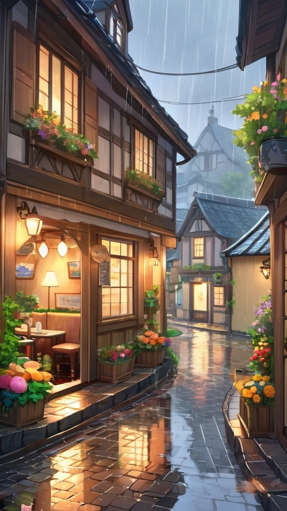 an anime-style landscape of a quaint village on a rainy day. The scene features cobblestone streets glistening with rain, colorful umbrellas held by invisible hands, and raindrops creating ripples in puddles. The village buildings are cozy and charming, with flower boxes on the windowsills. The sky is overcast, and the air has a fresh, clean feel. Include a small, picturesque café with a warm, inviting glow from its windows.