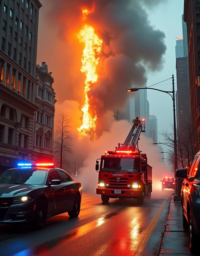 firefighter truck, fire engine, fire ladder truck, police car, ambulance,  firefighter, fire, burning building, dramatic smoke, chaos, emergency services, intense action, cinematic lighting, moody atmosphere, vibrant colors, hyper-detailed, photorealistic, 8k, HDR, physically-based rendering, masterpiece