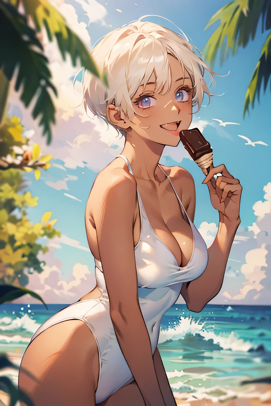 Ocean,Young Woman,Are standing,Small Head,Eating ice cream,Open your mouth,Showing tongue,(Provocative smile),short hair,(Platinum Blonde),Lilac eyes,Large Breasts,Cleavage,(White swimsuit),(Chocolate brown skin).