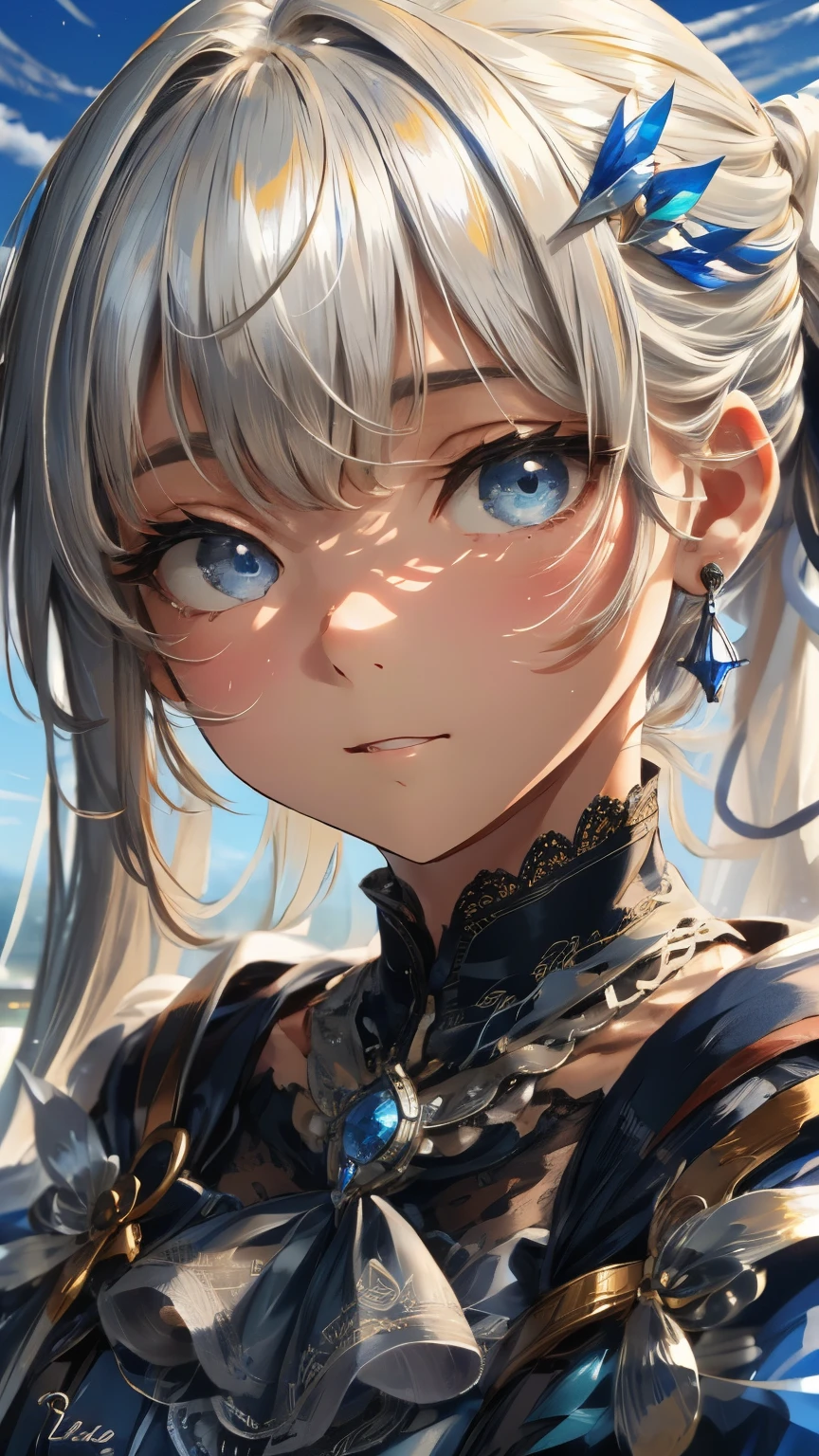 ((Detailed face, Cute Face)), (彼女は白い刺繍の入った長いスカートをyesている, Red blouse with lace, A white apron is tied around her waist, Blue socks, Brown leather shoes, She has a blue scarf wrapped around her head. yes, Her accessories include necklaces., Earrings, bracelet. 1 person)), Ultra-high resolution, (Realistic: 1.4), RAW Photos, Highest quality, (PhotoRealistic Stick), concentrated, Soft Light, (()), ((Shiny platinum blonde silky super long straight hair, beautiful shiny bangs, Big clear sky blue eyes, Very beautiful bright eye highlights )), (( (Young Face))), (surface), (Depth of written boundary), masterpiece, (Realistic), woman, bangs, ((1 person))