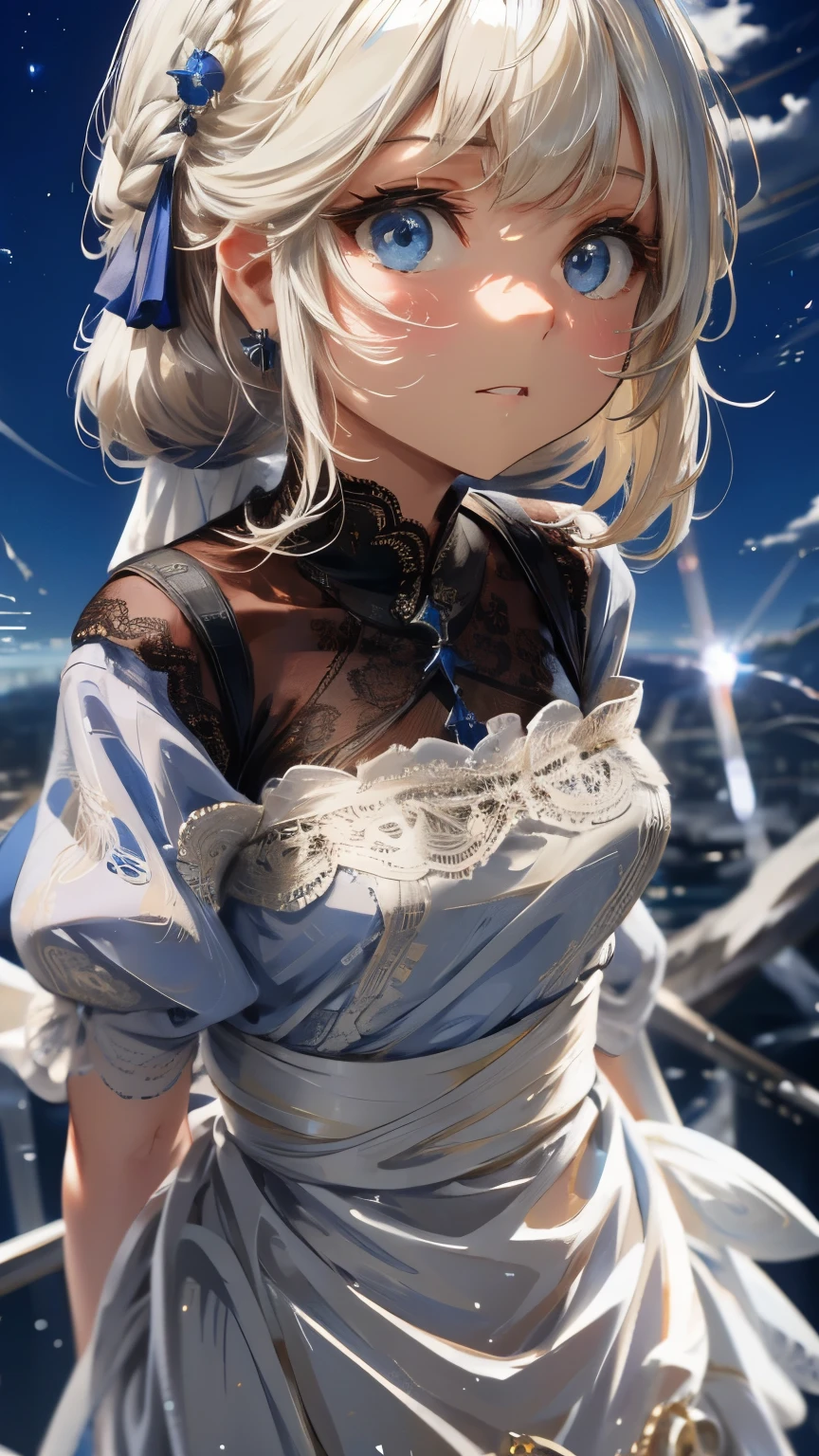 ((Detailed face, Cute Face)), (彼女は白い刺繍の入った長いスカートをyesている, Red blouse with lace, A white apron is tied around her waist, Blue socks, Brown leather shoes, She has a blue scarf wrapped around her head. yes, Her accessories include necklaces., Earrings, bracelet. 1 person)), Ultra-high resolution, (Realistic: 1.4), RAW Photos, Highest quality, (PhotoRealistic Stick), concentrated, Soft Light, ((15 years old)), ((Shiny platinum blonde silky super long straight hair, beautiful shiny bangs, Big clear sky blue eyes, Very beautiful bright eye highlights )), (( (Young Face))), (surface), (Depth of written boundary), masterpiece, (Realistic), woman, bangs, ((1 person))