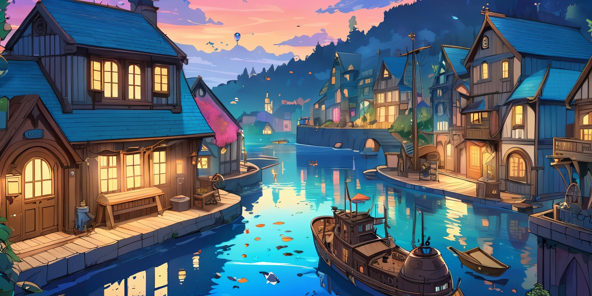 Draw a lofi anime poster, village, Sous marin, Steampunk Decoration, faire, lumière, poisson, a beautiful color palette in bleu, couleurs saturées vibrantes, ouvrages d'art, days, animated theme