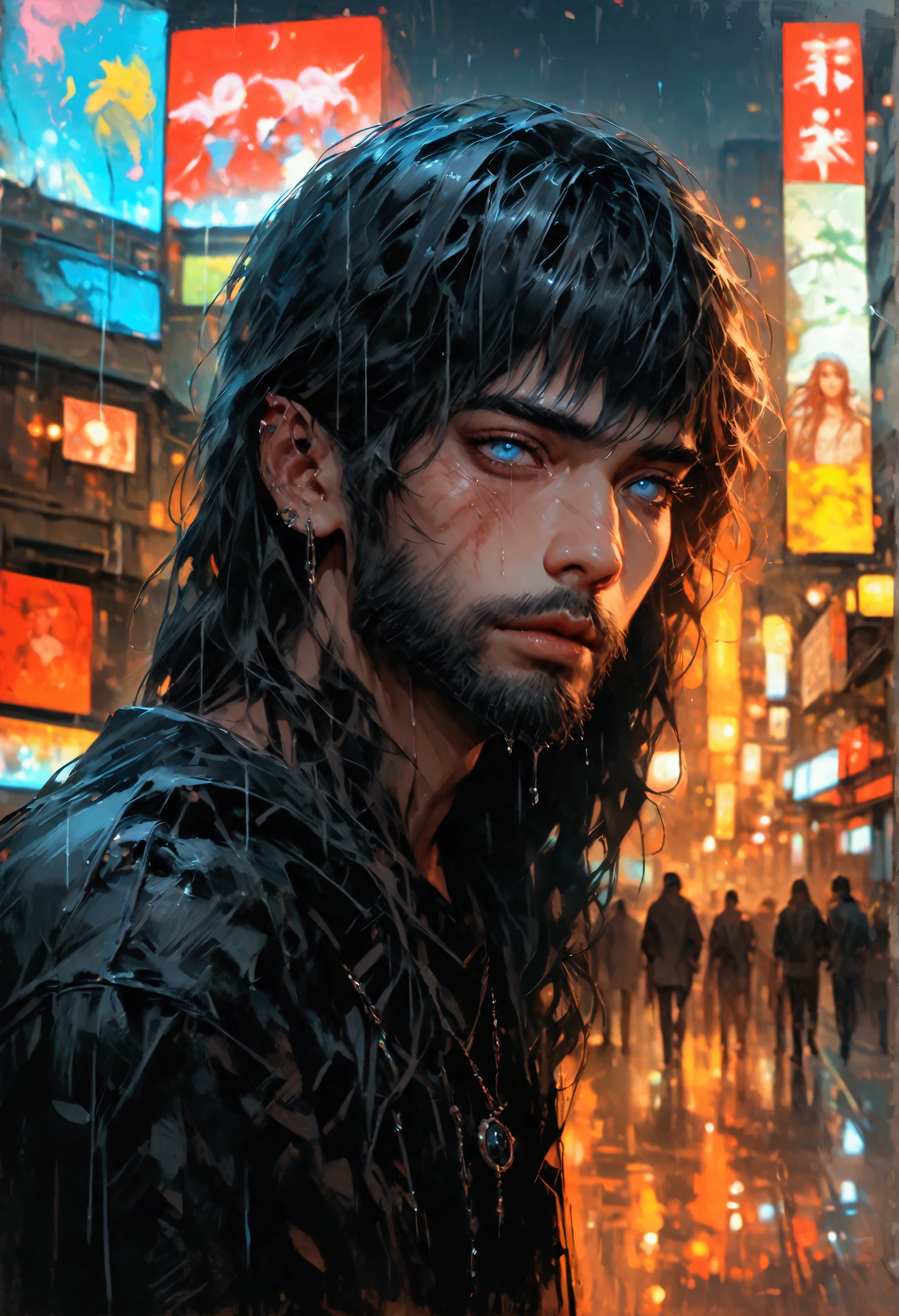Realistic Digital Painting with Concept Art Elements"," digital painting," "concept art," "realistic," "high detail", "muscular",, "high-res", "ominous aura,", "8k resolution", "oil painting", "darker tone" , "dark saturation" ,"dark feeling", "concept art" , "detailed features" , "1man" , "wide smile" , "head tiled a little" , "dangerous" , scarred face" , "black hoodie" , "ripped jeans" , "dangerous" , "stalker" , "tinder dare gone wrong" , "modern era" , "non-fiction" "entire body visible" , "blue eyes" , "Tokyo background" , "nighttime" , "raining" " drenched", "muscular" , "upper body" , "bushy beard"