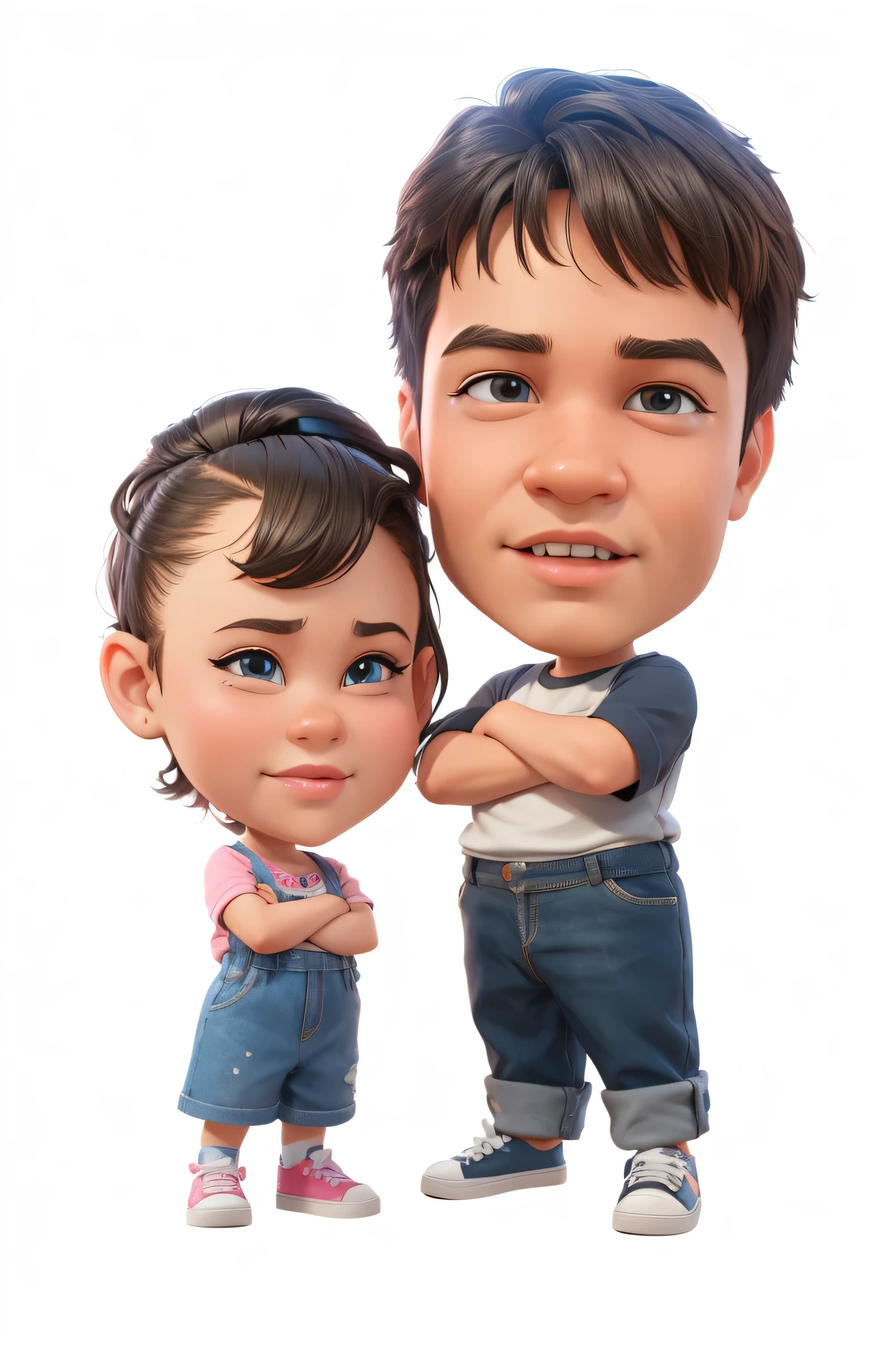 3d cartoon caricature, Big brother and little sister, stylish, cute, beautiful hair, 3D render, 3D Cartoon, big head, cartoonish look, high resolution, super detail, soft lighting