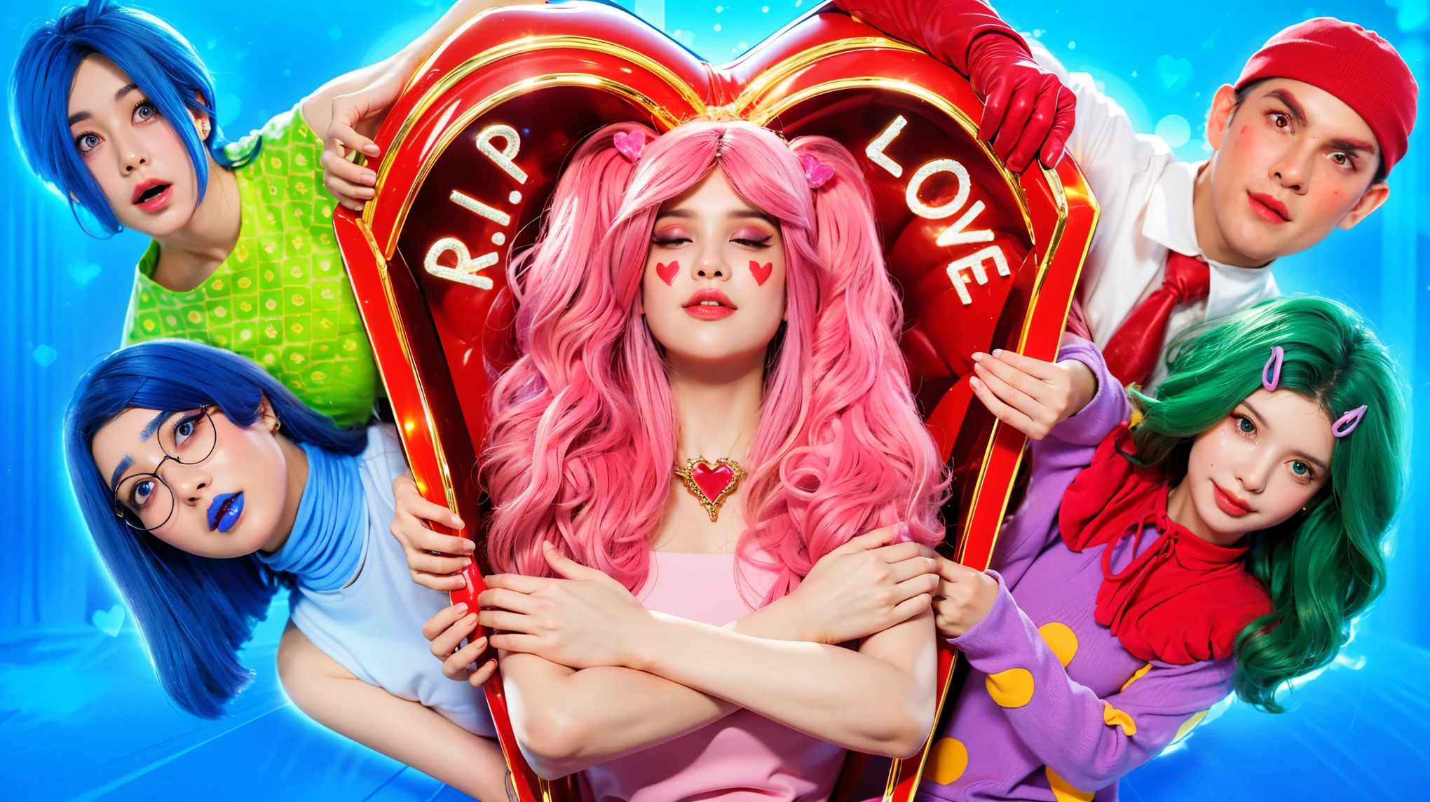 This image features a character with vibrant green hair and a lively expression, contributing to a playful and imaginative atmosphere. She is dressed in a purple jumper adorned with large yellow polka dots and a striking red collar, enhancing her colorful and whimsical appearance. Her hair is accessorized with pink clips, and her cheeks are embellished with glittery makeup, emphasizing a festive or theatrical theme. Her dynamic pose, with hands extended as if in a dance or during a playful activity, along with her bright smile, suggests she is engaged in a joyful moment. The solid blue background serves to highlight her colorful ensemble and the lively energy she embodies, possibly depicting a scene from a children's show or a fantasy narrative.. he purple background complements the costume, creating a vibrant and engaging scene. (glossy plastic texture with multiple big light probe refractions), perfect cgi, smooth silhouette, high intensity refraction, (super glossy plastic material), most beautiful vfx, , realistic, 4k, high resolution, rim light, smooth 3d model, multiple light sources, rim light, sharp post effects render,, realistic, 4k, high resolution, rim light detailed digital art, reflective, best quality, 4k, masterpiece:1.2, ultra-detailed, realistic, vivid colors, The image of the highest quality, ensuring every detail showcased perfectly. It in 4k resolution, allowing viewers to immerse themselves in the richness of the colors and intricate details. The realistic rendering. under the spotlight, reflecting, high-resolution image, realistic rendering