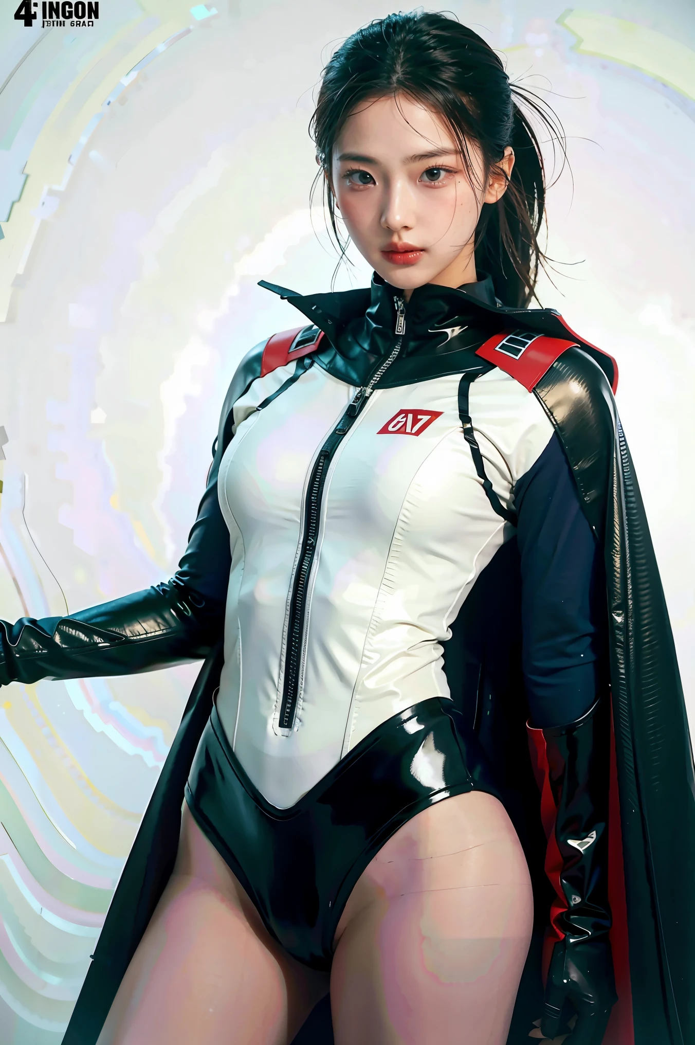 One girl wearing a superhero suit, standing against a white background with perfect skin and a perfect face. The image is in 4K high resolution.