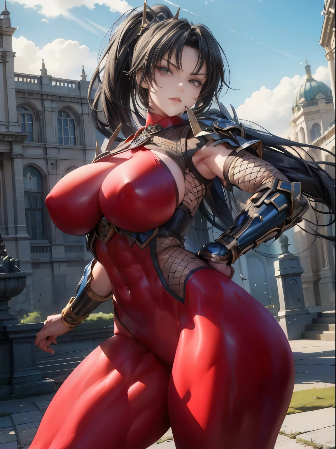Excellent anatomy, masterpiece, Highest quality,Realistic, hyperRealistic, 16k hdr, like that, 赤いFishnet tightsのボディスーツ, 赤いFishnet tightsのボディスーツ, Fishnet tights, Fingerless gloves, Arm guard, Shoulder Armor,Small breasts,Outdoor,Castle Background,blue sky,Dynamic pose,(Fighting Pose:1.2),Spread your legs,Raise your legs high,,Camel Toe,Fighting game female characters, (Huge and stunning goddess shot, Very hot and sexy, Incredible beauty, Perfect proportions, Beautiful body, Very muscular body beauty:1.5), Hip Up, Very muscular woman , ((((Very thick and muscular thighs)))) ,Trained abdominal muscles,Slim and toned waist, Beautiful Eyes ,Very well-trained back muscles, ((((Evil look)))) , Blurred Background ,