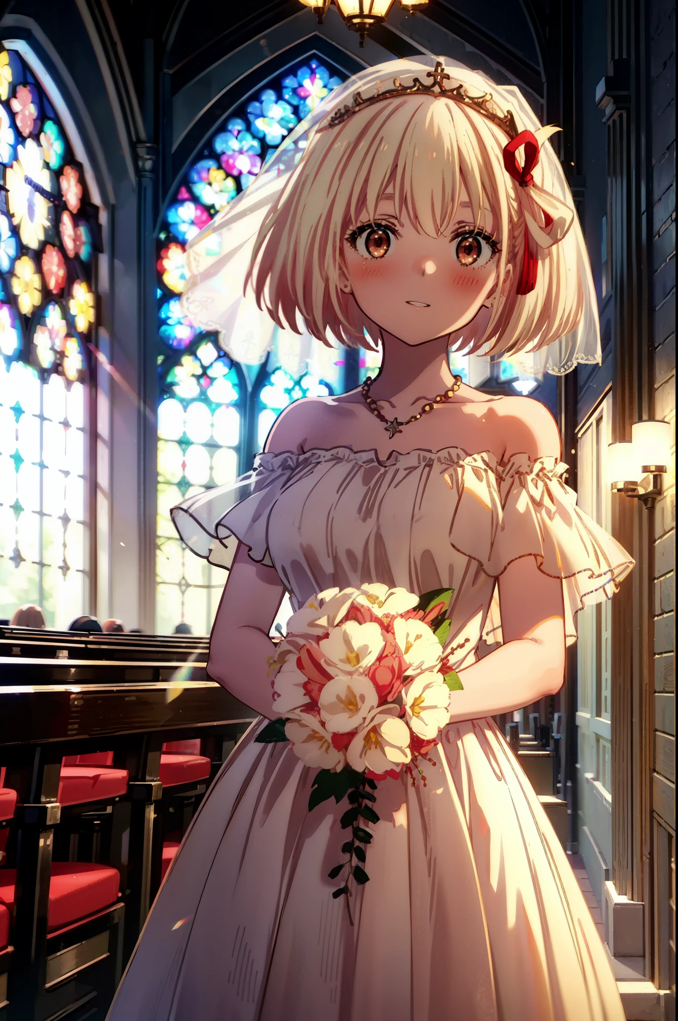 chisato nishikigi, short hair, bangs, blonde, (Red eyes:1.5), Hair Ribbon, One side up, Bobcut,Veil,off-the-shoulder wedding dresses,necklace,Veil,wedding long skirt,holding a bouquet of flowers in both hands,smile,blush,As if your whole body is in the illustration,Daytime,sunny,
break indoors, Chapel,church,
break looking at viewer, Upper Body,(Cowboy Shot:1.5),
break (masterpiece:1.2), Highest quality, High resolution, unity 8k wallpaper, (shape:0.8), (Beautiful attention to detail:1.6), Highly detailed face, Perfect lighting, Extremely detailed CG, (Perfect hands, Perfect Anatomy),