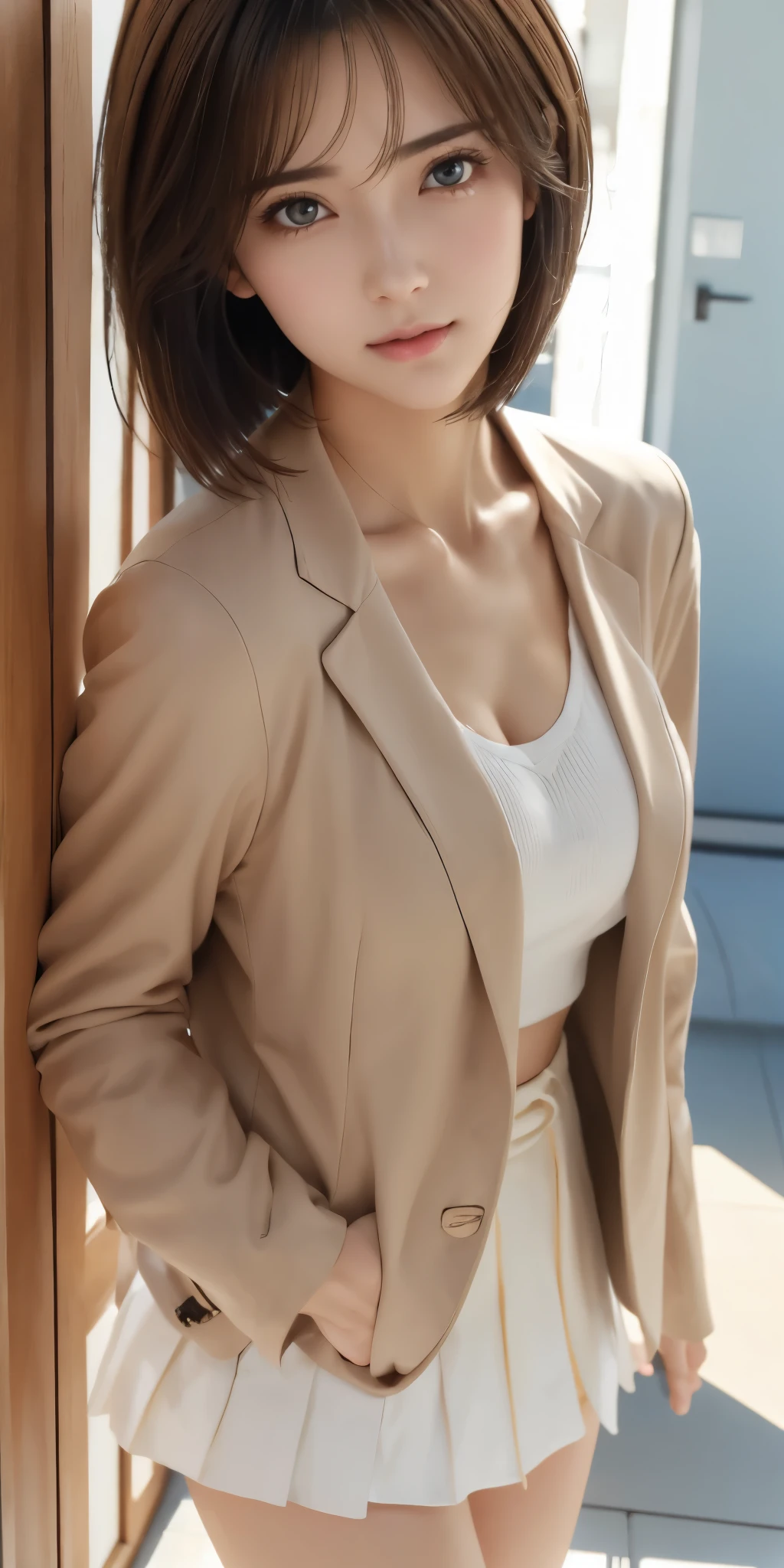 Realistic、Highest quality、Highest quality、masterpiece、Ultra-high resolution、RAW Photos、Realistic、Bright lighting、Face Light、Smooth Professional Lighting、Looking into the camera、alone、Mature Woman、Adult female、Beautiful woman、Super Beauty、Realistic肌、Moisturized Skin、Realistic eyes and faces、Perfect model body shape、Beautiful Eyes、Big eyes、Inconspicuous tear bags、(Unnoticeable flat collarbone)、slim、Big Breasts、No bra、No makeup、Camel Toe、Very short hair、Black Hair、black eye、The ears are hidden by the hair、school uniform,blazer, Frilled shirt, skirt,Sexy pose,Standing in the hallway, wearing long hair and a white coat,,astronaut, Mecha aesthetics,