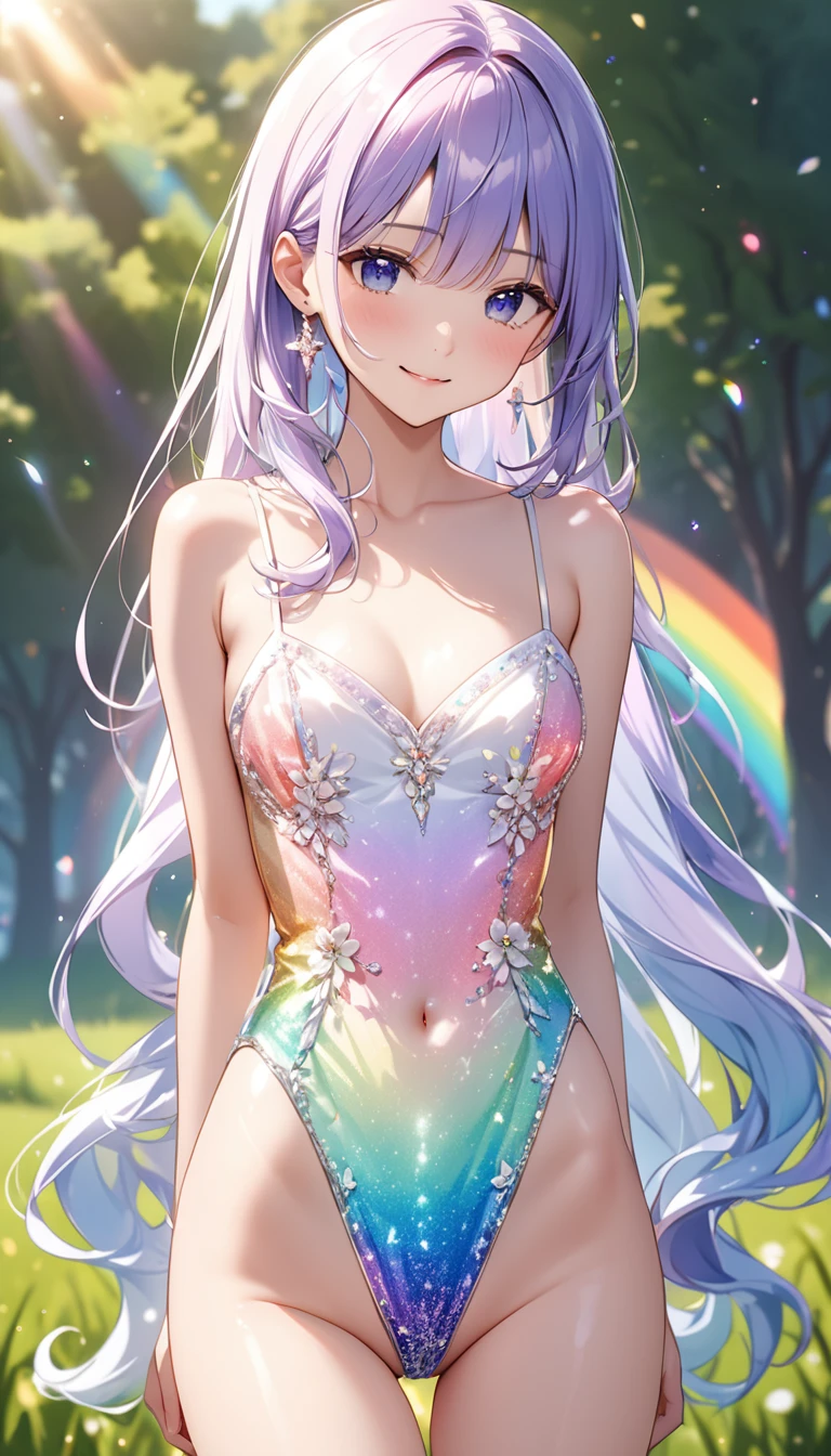 
midsummer sunshine, midday sunshine, strong light, lens flare, full body standing, from behind, Beachside terrace, many flowers, (1 girl in a iridescent bikini turns around and waves with a smile.), silver long hair and purple inner color, yellow eyes, long eyelashes, shiny glossy iridescent clothes, shiny glossy latex gradient iridescent clothes, shiny reflective clothes, sandals, many flowers, glitter effects, (negative_v2 Color_Balance_Calibration:0.8), 