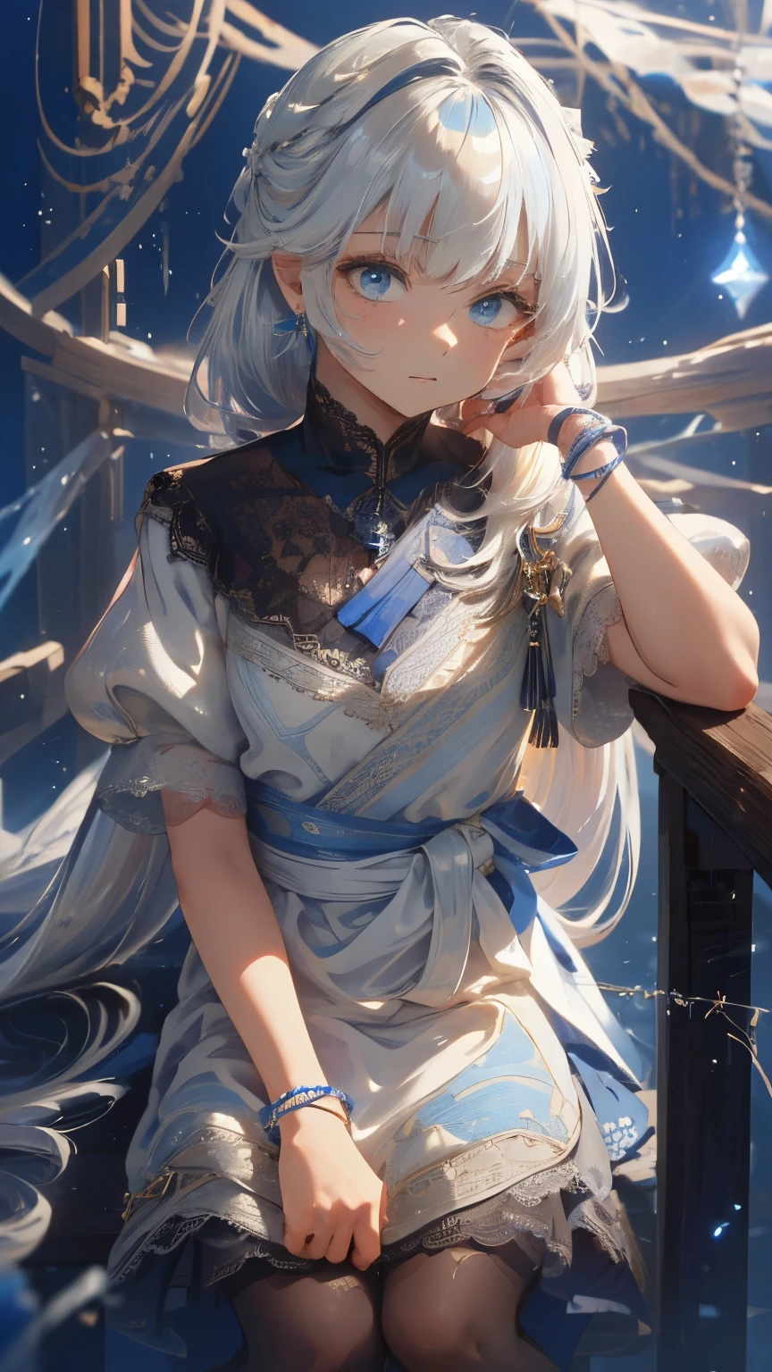 ((Detailed face, Cute Face)), (彼女は白い刺繍の入った長いスカートをyesている, Red blouse with lace, A white apron is tied around her waist, Blue socks, Brown leather shoes, She has a blue scarf wrapped around her head. yes, Her accessories include necklaces., Earrings, bracelet. 1 person)), Ultra-high resolution, (Realistic: 1.4), RAW Photos, Highest quality, (PhotoRealistic Stick), concentrated, Soft Light, (()), ((Shiny platinum blonde silky super long straight hair, beautiful shiny bangs, Big clear sky blue eyes, Very beautiful bright eye highlights )), (( (Young Face))), (surface), (Depth of written boundary), masterpiece, (Realistic), woman, bangs, ((1 person))