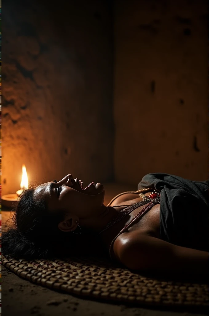 Madhav's wife is pregnant and she is lying inside hut. She is screaming, sweating and crying in labour pain. She is alone in the hut. There is a little lamp buring in the corner.
