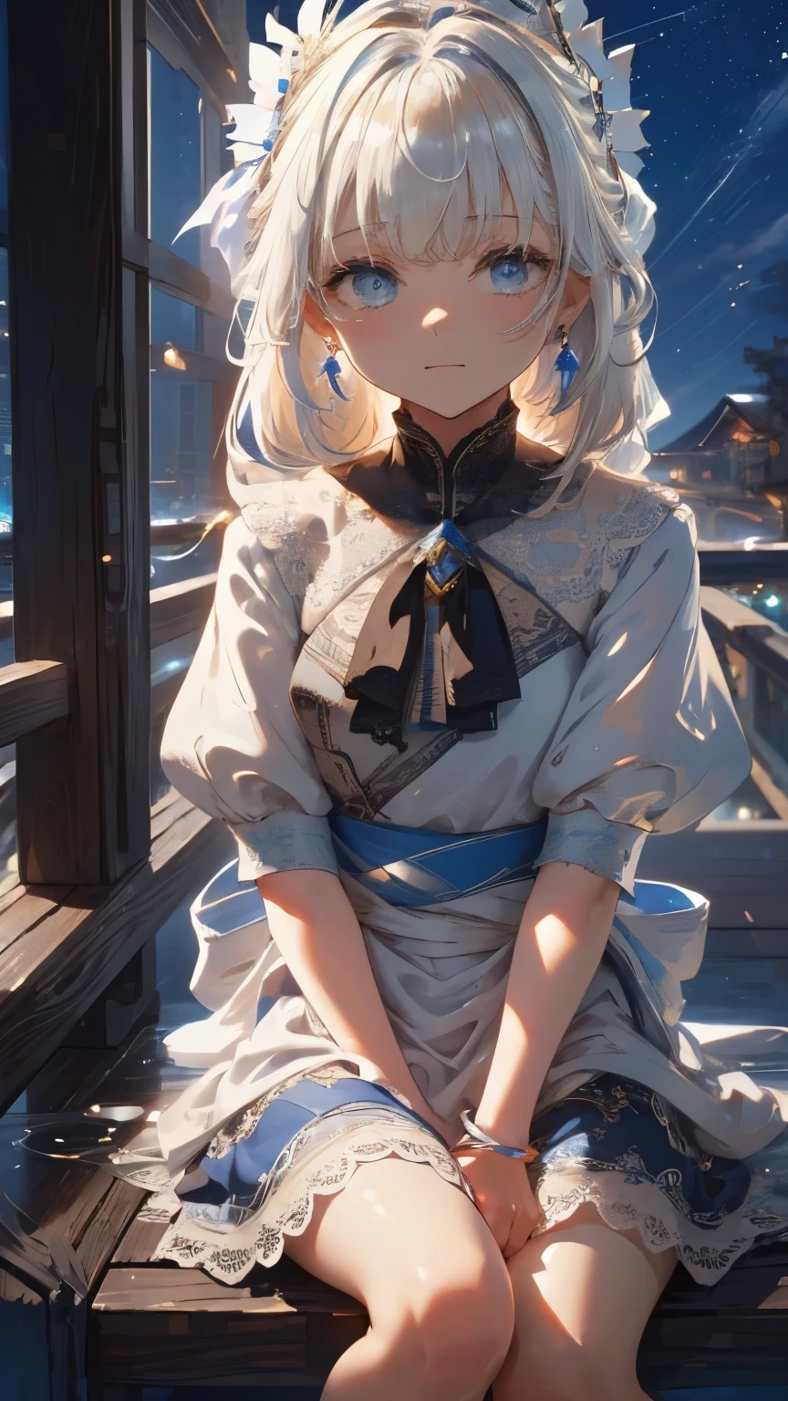 ((Detailed face, Cute Face)), (彼女は白い刺繍の入った長いスカートをyesている, Red blouse with lace, A white apron is tied around her waist, Blue socks, Brown leather shoes, She has a blue scarf wrapped around her head. yes, Her accessories include necklaces., Earrings, bracelet. 1 person)), Ultra-high resolution, (Realistic: 1.4), RAW Photos, Highest quality, (PhotoRealistic Stick), concentrated, Soft Light, ((15 years old)), ((Shiny platinum blonde silky super long straight hair, beautiful shiny bangs, Big clear sky blue eyes, Very beautiful bright eye highlights )), (( (Young Face))), (surface), (Depth of written boundary), masterpiece, (Realistic), woman, bangs, ((1 person))