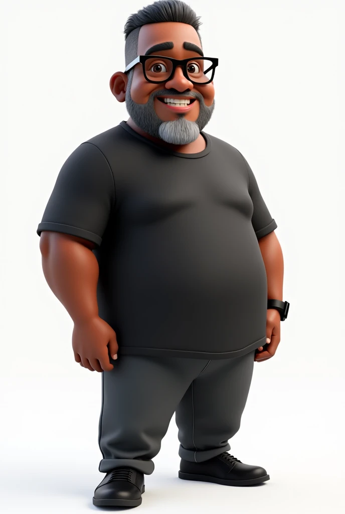 Create a full-body stylized 3D cartoon character of a middle-aged black man. The character should have exaggerated proportions, with the head taking up 70% of the image height and the body making up the remaining 30% of the total image height, typical of a fun and playful cartoon style. Render the character in a 'Pixar-like' or '3D Cartoon' style, using 'Arnold Maya' or 'Keyshot Toon' engines to ensure high-quality animation. Ensure the rendering includes detailed textures, a smooth and polished finish, and vibrant colors.
The character should have a slightly overweight build, very short straight hair, with a 50% black and 50% gray color proportion. His beard should be trimmed and sparse, with white hairs on the chin and dark gray elsewhere. The skin tone should be dark brown with a warm undertone. He should have a friendly expression without smiling, and wear modern black reading glasses. Dress him in an oversized black t-shirt and dark gray pants without a belt, along with black shoes. Include a black smartwatch on his wrist. Position the character with a confident stance, with his hands at his sides. Use a transparent background to isolate the character, and ensure the rendering is at the highest resolution possible.