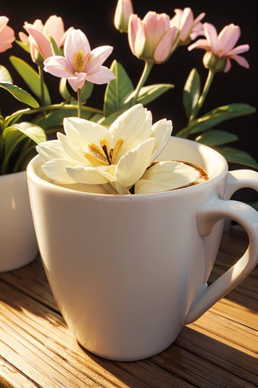 Coffee cup, 3D, flowers background, morning ligth