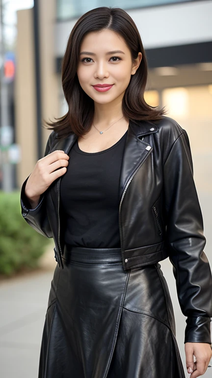 
最high quality, 8k, Vibrant, Sharp focus, high quality, High resolution, Middle-aged women, Mature Woman, 55 years old, (Whole Body Ezbian), (High heels face detail, Highly detailed eyes, Plump figure、Plump face、((big 1.6))、(((Large Breasts)))、((Black leather clothing))、Busy Street、Random Hairstyles、A kind smile、(Leather Fashion、leather jacket、Leather skirt、boots、)、