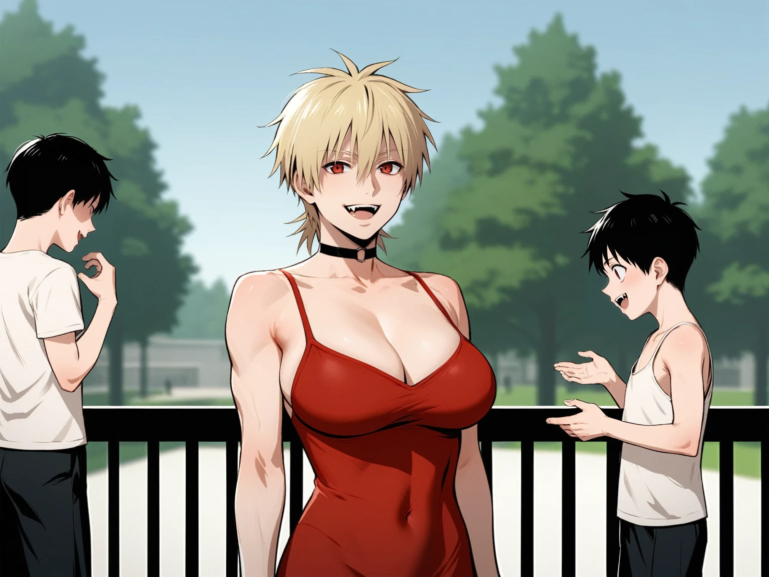 score_9, score_8_up, score_7_up, score_6_up, source_anime, standing, hellsing, seras, blonde hair, , park, outdoors, sky, vampire, smirk, fangs, ikuchan, balcony, muscular male, male wearing tank top, large breasband and wife, family, looking at viewer, smiling, light skinned male, standing side by side, standing, 1girl, smile, cute, happy family ((size difference)), tall male, ((worship)), ((light skinned male))), gown, dress, navel, short dress, red dress, , ((size difference)), shota, ((fa), wholesome, sfw, raing:safe, ((large male)), black haired male, solo focus, choker, solo focus, 2boys, 1girl, trio, mature male, dilortrait)), faceless male, husband and wife and son