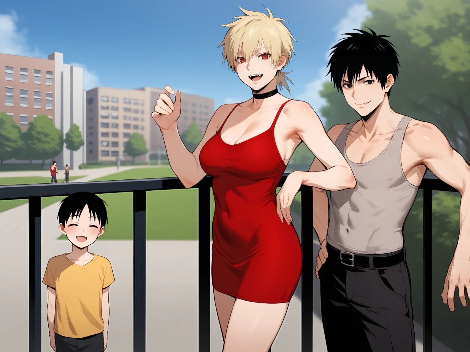 score_9, score_8_up, score_7_up,  score_6_up, source_anime, standing, hellsing, seras, blonde hair, nude, park, outdoors, sky, vampire, smirk, fangs, ikuchan, balcony, muscular male, male wearing tank top, large breasts, husband and wife, family, looking at viewer, smiling, light skinned male, standing side by side, standing, 1girl, smile, cute, happy family ((size difference)), tall male, ((worship)), ((light skinned male))), gown, dress, navel, short dress, red dress, , ((size difference)), shota, ((family)), wholesome, sfw, raing:safe, ((large male)), black haired male, solo focus, choker, solo focus, 2boys, 1girl, trio, mature male, dilf, ((portrait)), faceless male, husband and wife and son