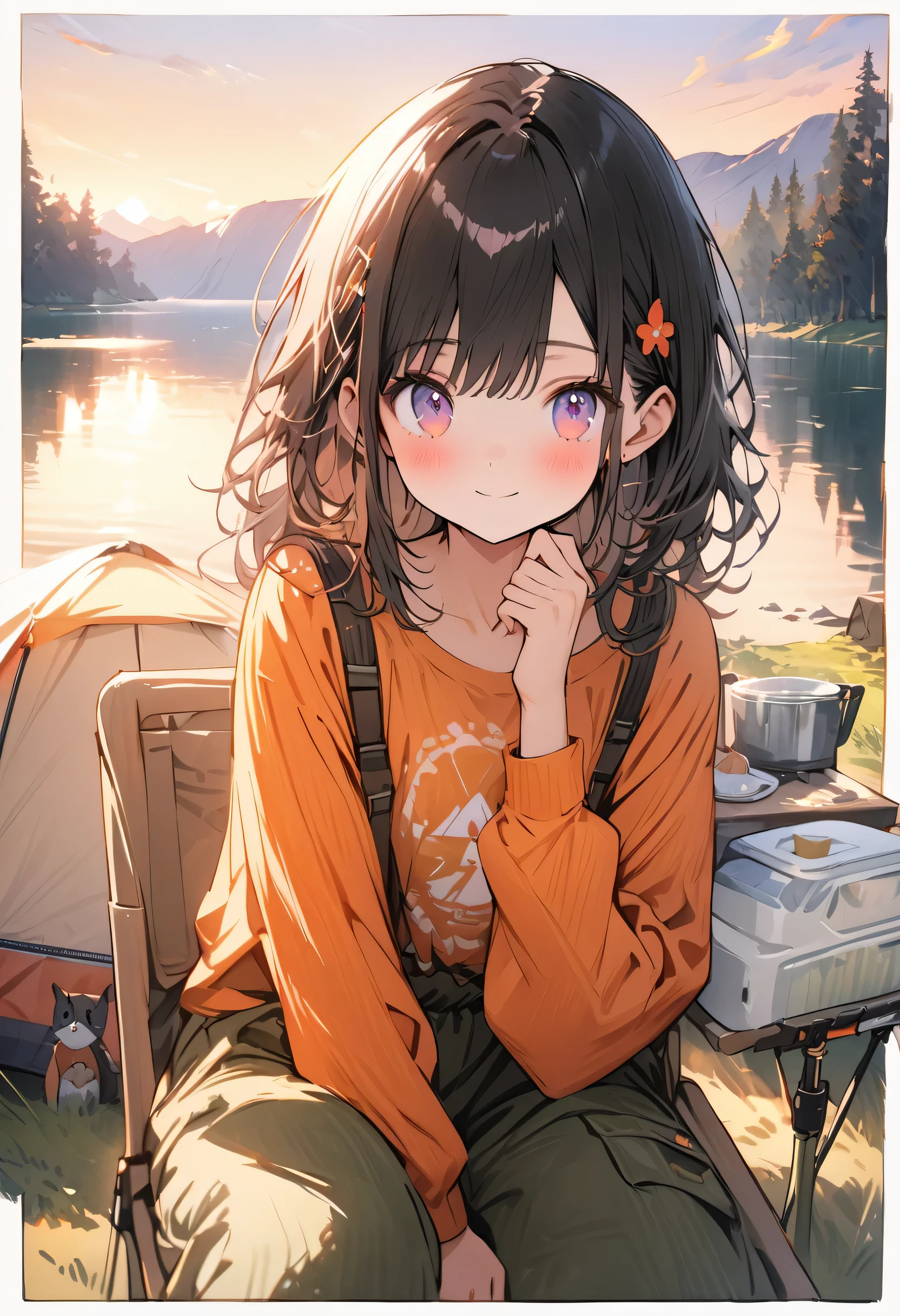cute girl, (cute girl is camping, front of the tent:1.3), colorful garland, (cute girl is sitting on the camping chair, she is relaxing:1.3), (cute girl is wearing a cargopants, casual fashion:1.5), clear eyes, (masterpiece, best quality, highly detailed, ultra detailed, absurdres:1.3), (1girl, cute, charming, detailed beautiful face:1.3), (fantastic illustration, beautiful detail, best quality, top quality, high quality, fain touch outline:1.3), watercolor, clear, beautiful detail, (background camp site, beautiful lake, sunset, beautiful scenery:1.3), beautiful detaile