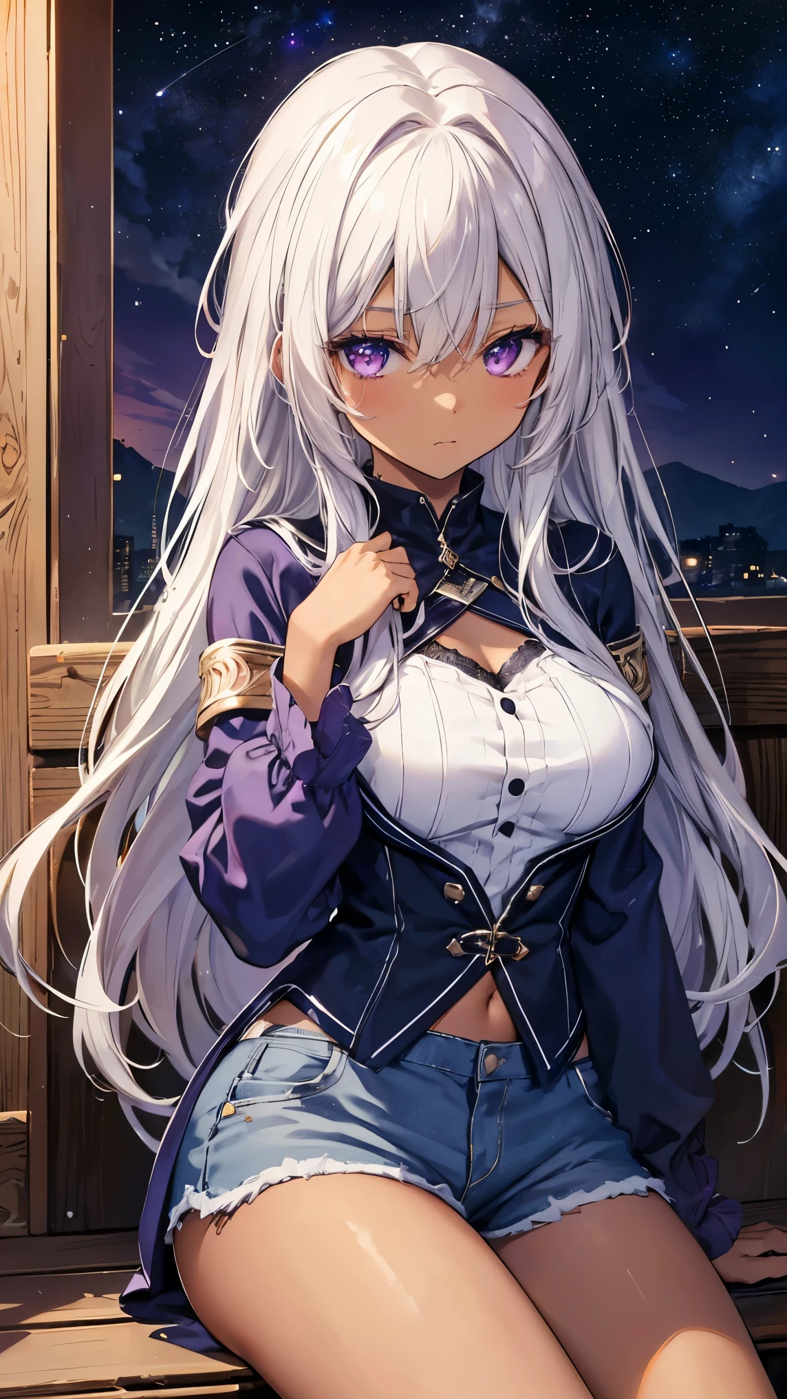 ,Highest quality,Silver Hair,Brown skin,Dark Skin,Sunburn,Purple Eyes,Paint on the face,Long Hair,Half Up,Beautiful breasts,cowboy,cowboyハット,Sit in a wooden box,Western,Starry Sky,Shorts,Toned body,slender,