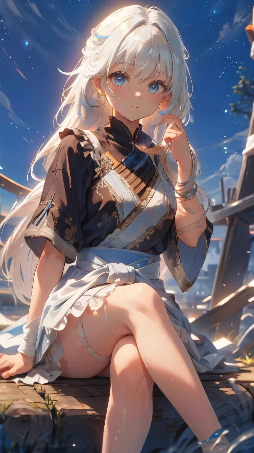 ((Detailed face, Cute Face)), (彼女は白い刺繍の入った長いスカートをyesている, Red blouse with lace, A white apron is tied around her waist, Blue socks, Brown leather shoes, She has a blue scarf wrapped around her head. yes, Her accessories include necklaces., Earrings, bracelet. 1 person)), Ultra-high resolution, (Realistic: 1.4), RAW Photos, Highest quality, (PhotoRealistic Stick), concentrated, Soft Light, ((15 years old)), ((Shiny platinum blonde silky super long straight hair, beautiful shiny bangs, Big clear sky blue eyes, Very beautiful bright eye highlights )), (( (Young Face))), (surface), (Depth of written boundary), masterpiece, (Realistic), woman, bangs, ((1 person))