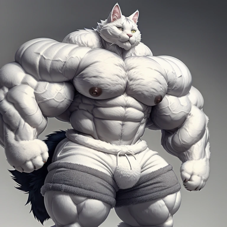 hyper growth, hyper muscles, furry growth, cute cat, A furry cat, white and fluffy cat, super fluffy, shirtless, wearing shorts, exaggeratedly huge and muscular, on a gray background