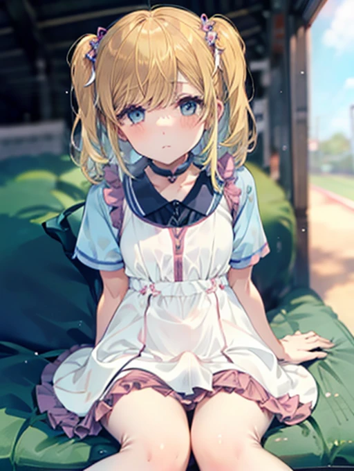 cross-dressing shota,tennis uniform,frilly skort,
brown wavy semi-long,in track,sitting,looking at smartphone