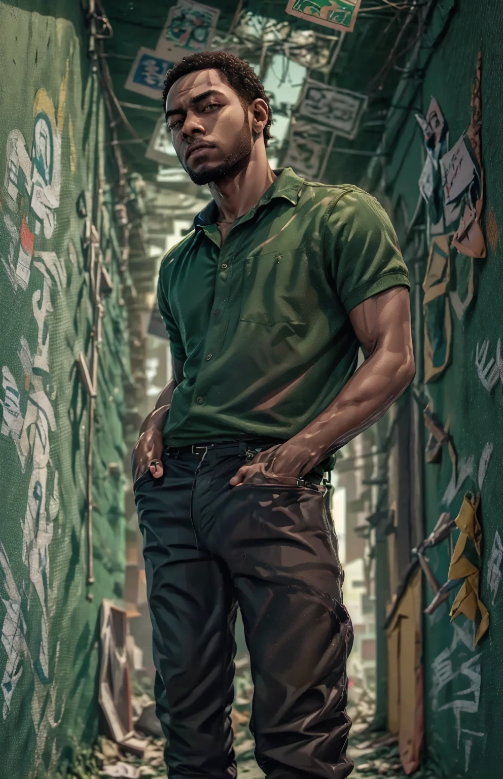 arafed man standing in front of a wall with pictures on it, with hands in pockets, green shirt, with a cool pose,cinematic outfit photo, full body photogenic shot, in a dark teal polo shirt, in style of davey adesida, in a dark green polo shirt, hands in pockets, wearing green, frontal pose
