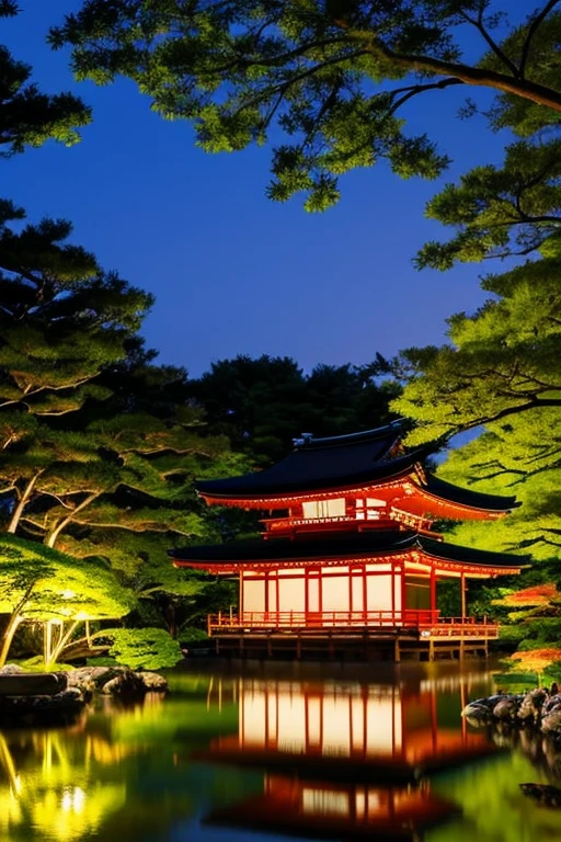 Trees by the pond and gazebo at night々is lit up, Japan at Night, Kyoto Japan Setting, Japan at Nightの町で, Night view, at night!, at night!!, at night foreground, Japan at Nightの街, Taken in the late 2010s, In the Japanese garden, Enchanted Garden Photos, Tokyo at Night, trending photo, Japanese potrait.