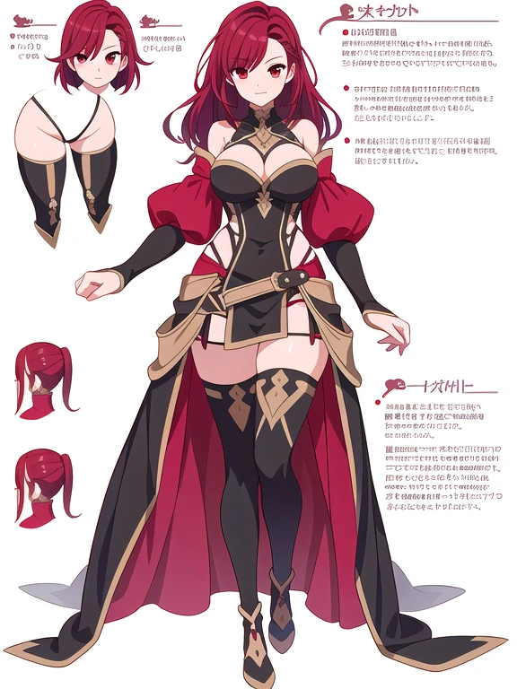 (((Best Quality))) , ((full body)), female, reference sheet, solo, (white background), thigh high, dark red hair, fantasy outfit, milf,