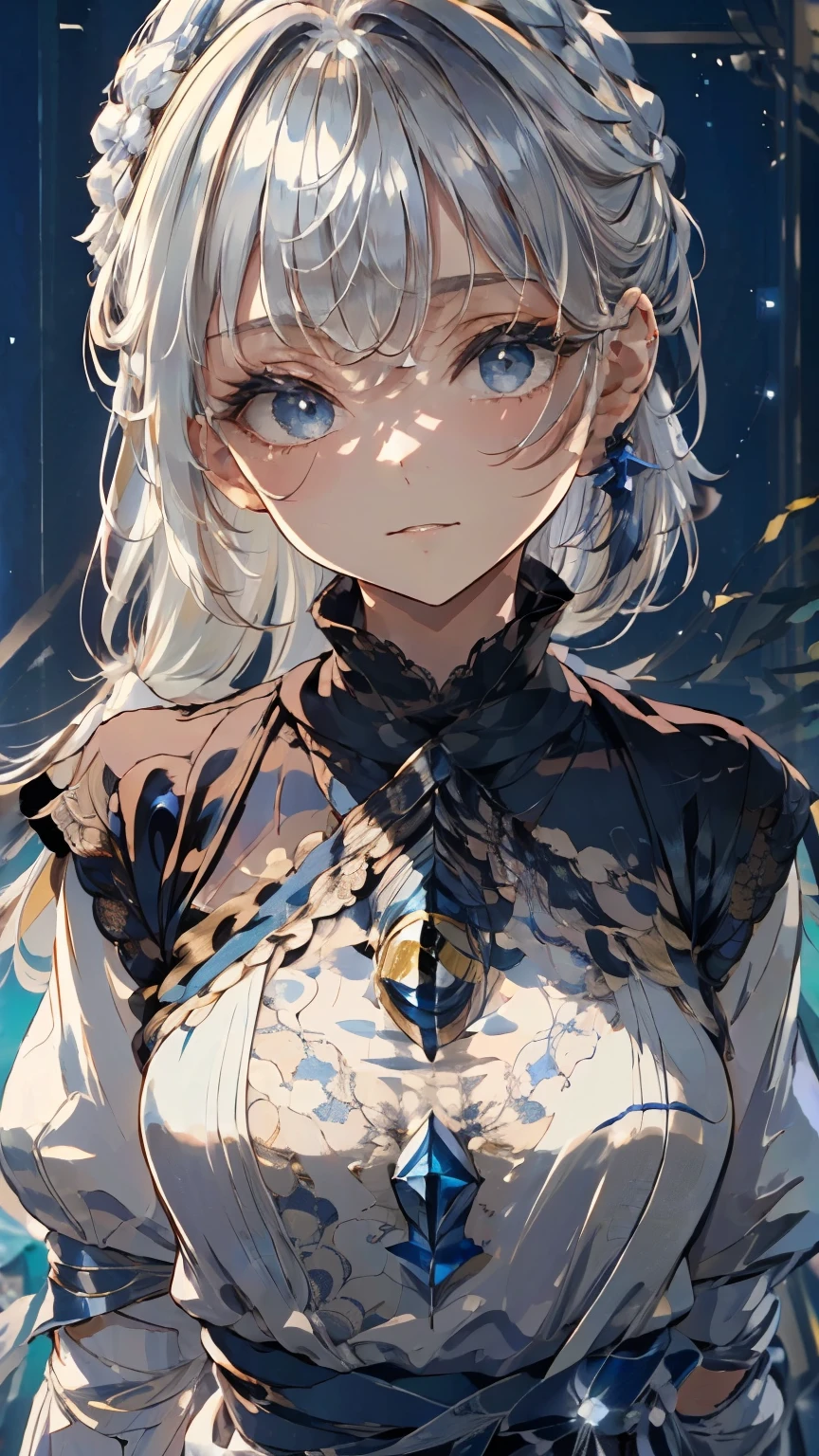 ((Detailed face, Cute Face)), (彼女は白い刺繍の入った長いスカートをyesている, Red blouse with lace, A white apron is tied around her waist, Blue socks, Brown leather shoes, She has a blue scarf wrapped around her head. yes, Her accessories include necklaces., Earrings, bracelet. 1 person)), Ultra-high resolution, (Realistic: 1.4), RAW Photos, Highest quality, (PhotoRealistic Stick), concentrated, Soft Light, ((15 years old)), ((Shiny platinum blonde silky super long straight hair, beautiful shiny bangs, Big clear sky blue eyes, Very beautiful bright eye highlights )), (( (Young Face))), (surface), (Depth of written boundary), masterpiece, (Realistic), woman, bangs, ((1 person))