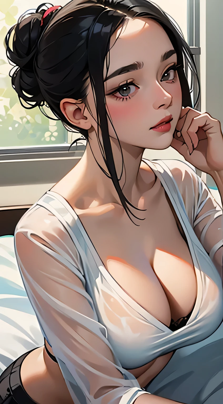 Amazing portrait of a woman who is 30 years old and an adult and a sexy woman who is the next door neighbour with her black hair in a messy bun with her seductive look as she's blushing intensely while being flustered and lustful posting in a seductive pose with her white see through shirt showcasing her black bra paired with white pants as she's barefoot and very sexy and she's so hot lying on her back in bed during night time with soft lighting showcasing her red lips and her beautiful face in detail and close up
