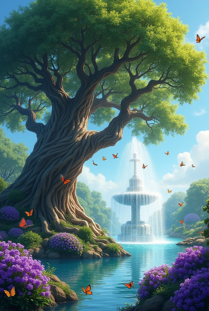 A big  tree and it’s beside  fountain and there many colourful birds and many purplecolour flower  and here around water and water  and many colourful butterflies  