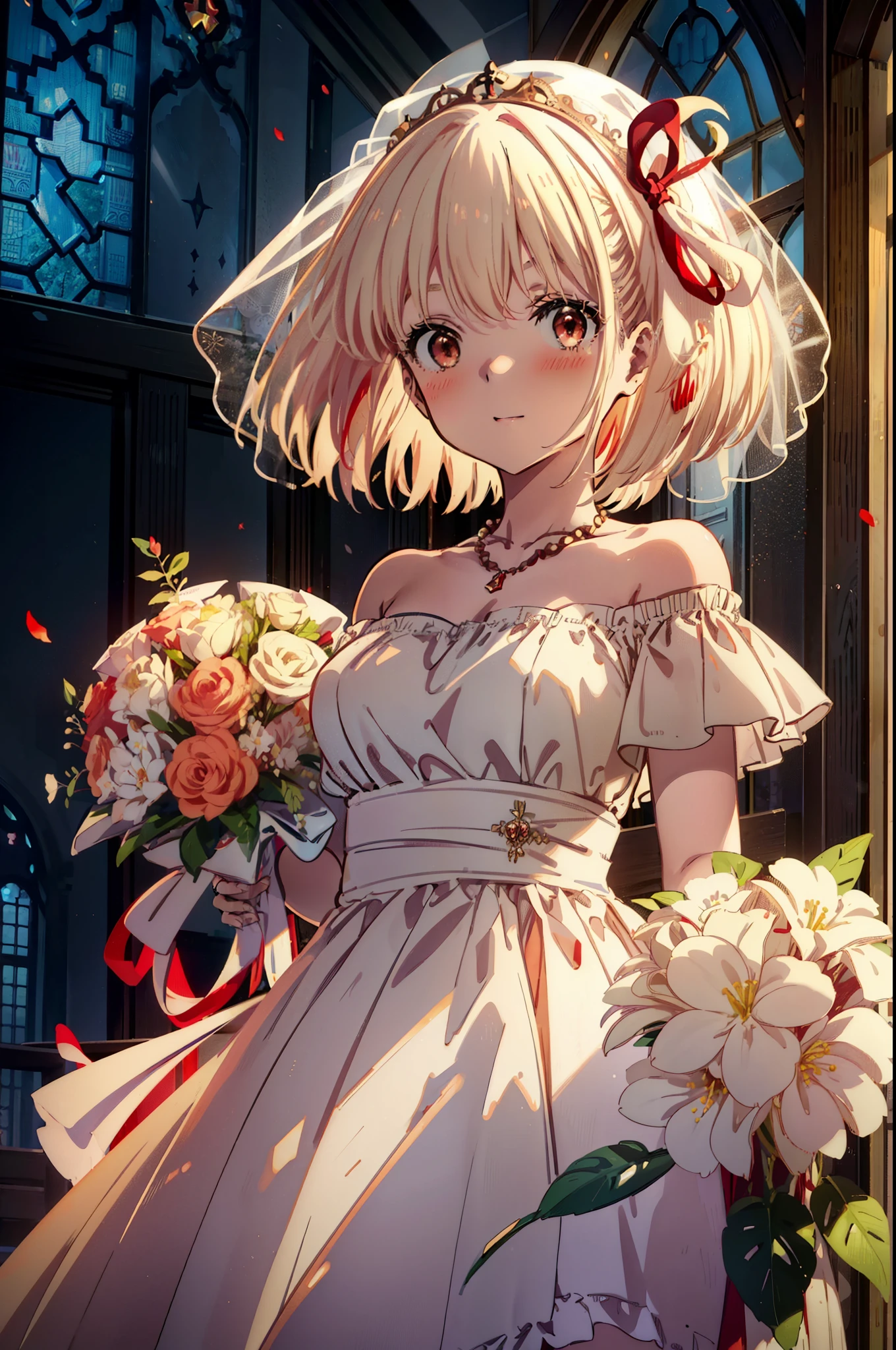 chisato nishikigi, short hair, bangs, blonde, (Red eyes:1.5), Hair Ribbon, One side up, Bobcut,Veil,off-the-shoulder wedding dresses,necklace,Veil,wedding long skirt,holding a bouquet of flowers in both hands,smile,blush,As if your whole body is in the illustration,Daytime,sunny,
break indoors, Chapel,church,
break looking at viewer, Upper Body,(Cowboy Shot:1.5),
break (masterpiece:1.2), Highest quality, High resolution, unity 8k wallpaper, (shape:0.8), (Beautiful attention to detail:1.6), Highly detailed face, Perfect lighting, Extremely detailed CG, (Perfect hands, Perfect Anatomy),