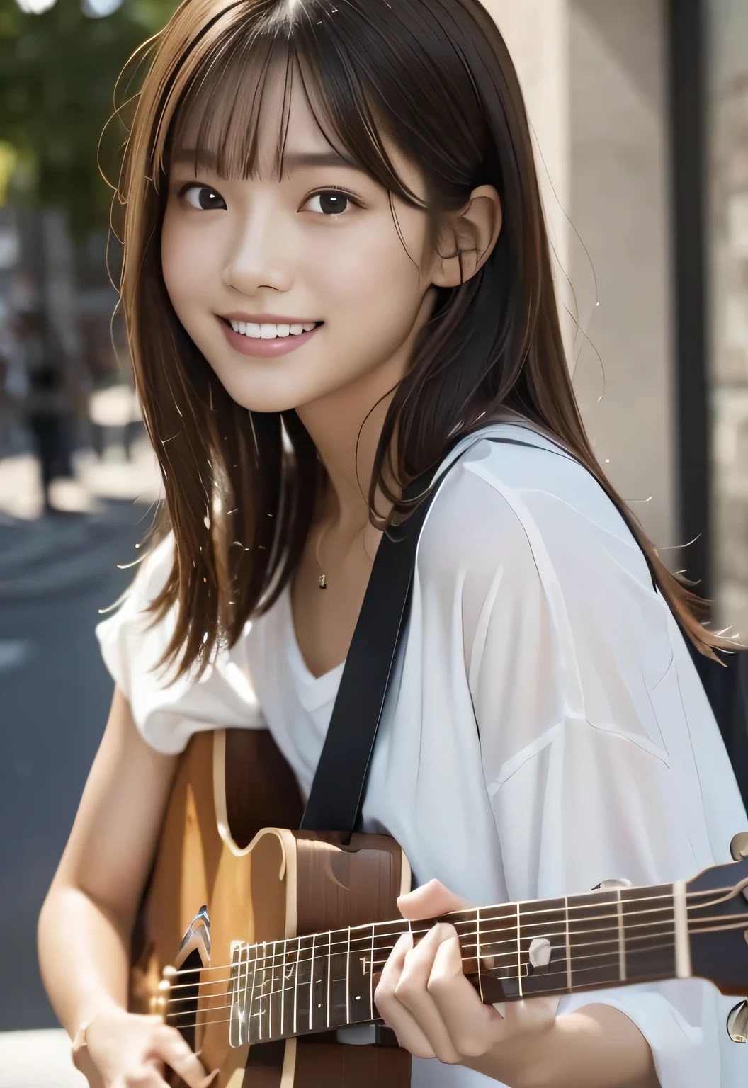 (masterpiece, Highest quality:1.1), (8k, RAW Photos, Photorealistic:1.2, f22), (Glowing Skin), Detailed skin,Long Hair,Detailed face, Detailed eyes, smilee,break, Real World, Intricate details, smile, break, One person, (white,pants), break, (guitar, play:1.4), break