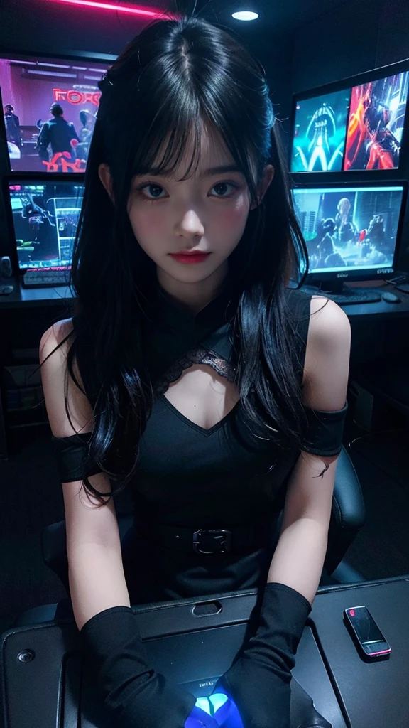 ,(masterpiece),(Highest quality),(Realistic),Super detailed,Low Light,Dark Theme,glowing Neon Light,Dramatic lighting,Detailed eyes,
one person's,Long Hair,Striped Hair,Brown eyes,,Cleavage,Light blue sundress,Pink knee-high socks,blush,shy,
Sitting,Games Room,Gaming Chair,computer,night,Neon Light,Staring at the audience,Dynamic Angle,
Hong Kong Style,Read the description,zPDXLrl,
