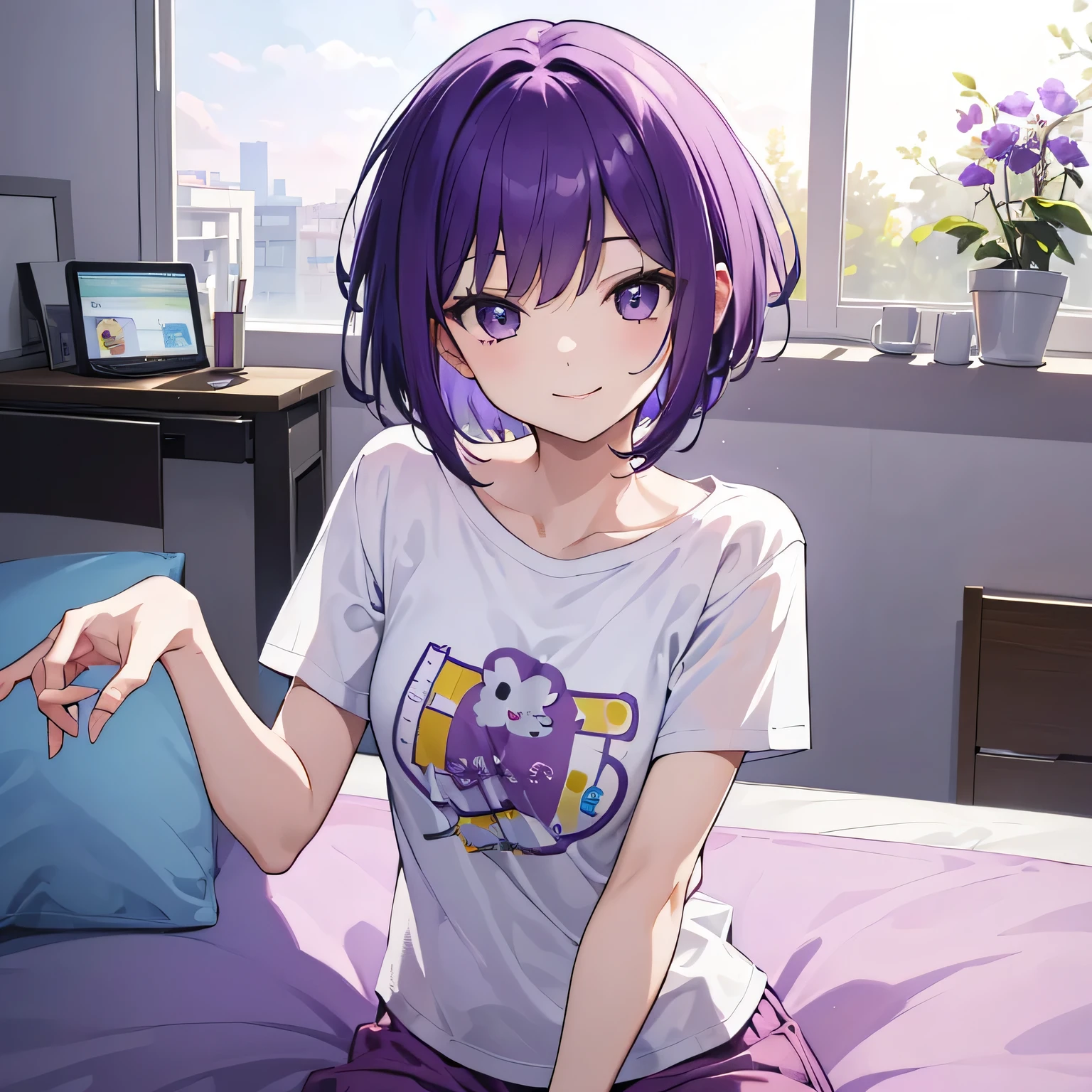 (T Masterpiece,4K wallpaper,Best Quality))、((1people))、(solo)、Bright and Brilliant,(Purple Hair)、(short hair:1.3)、smile、Bedroom、T-Shirts、morning