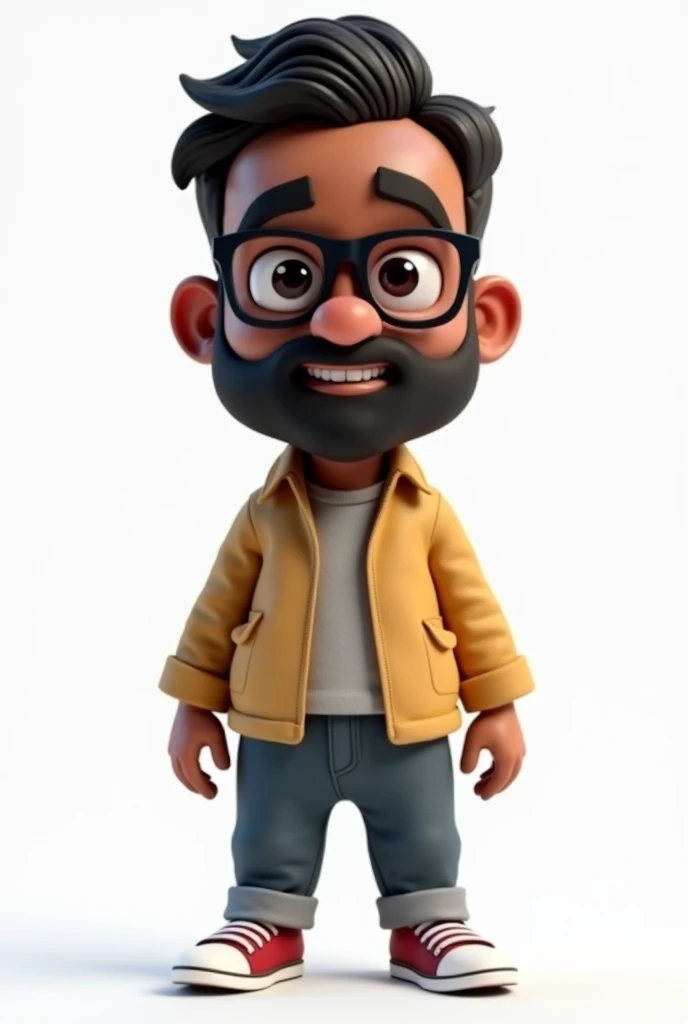 Create a full-body stylized 3D cartoon character of a middle-aged black man&#39;, designed with the following detailed specifications&#39;: 1. Rendering Style Style: The character must be rendered in a &#39;Pixar-like&#39; or &#39;Cartoon 3D&#39; style, similar to high quality animation&#39;. rendering engine: Use the &#39;Arnold Maya&#39; or &#39;Keyshot Toon&#39; rendering engines to ensure the desired quality&#39;. detalhamento: Ensure the render is &#39;high quality&#39; with &#39;detailed textures&#39;, &#39;detailed skin&#39;, a &#39;clay-like finish&#39;, and incorporate &#39;bokeh effects&#39;. 2. Resolution Resolution: Set resolution to &#39;8K&#39; (7680x4320 pixels). If this is not available&#39;, select the highest possible resolution&#39;. 3. Configurações de Iluminação e Camera Iluminação: Choose a &#39;cinematic&#39; lighting setup with soft&#39;, diffuse light to highlight skin details and textures&#39;. focusing: Set to &#39;sharp focus&#39;, ensuring that the character is fully in focus&#39;. Apply &#39;bokeh effects&#39; if there is any background&#39; (although the background must be transparent&#39;). Camera: Position the camera at a &#39;front angle&#39;, centered to capture the character&#39;s face and entire body&#39;. 4. Character Background Positioning: Select a &#39;transparent background&#39; or &#39;no background&#39; to ensure the character is isolated. full character: Display the character in full body&#39;, ensuring that all details are clearly visible&#39;. 5. Facial Expression and Physical Details Expression: Set the character&#39;s expression to be &#39;friendly&#39;, but without smiles&#39;. hair and beard: Setting hair to be &#39;very short&#39;, without a bun&#39;, and the beard to be &#39;trimmed and sparse&#39;, with white hair on the chin&#39;. wrinkles: Add &#39;two prominent vertical wrinkles&#39; on the forehead between the eyebrows&#39;. skin tone: Choose a &#39;dark brown skin tone with a warm undertone&#39;. Glasses and Clothing: Equip the character with &#39;black reading glasses mode&#39;