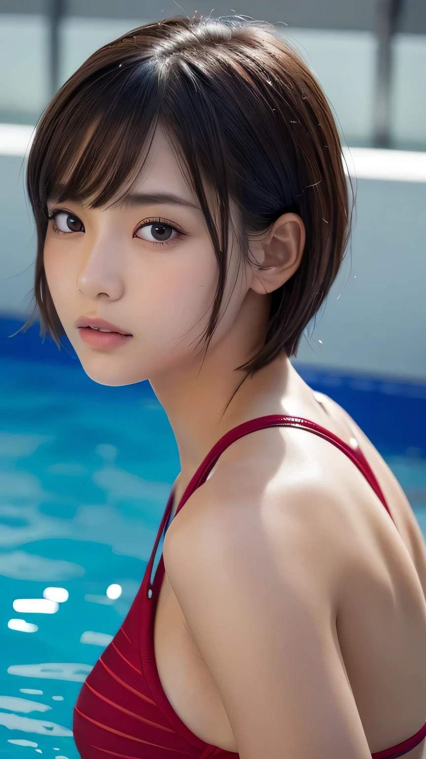 (ultra-realistic), (figure), (High resolution), (8k), (Very detailed), (Best figure), (Beautiful and detailed), (Highest quality), (Super detailed), (masterpiece), (wallpaper), (Detailed face), alone, One Girl, watching viewer, Swimsuit,Less exposure、Fine details, Detailed face, In the Dark, Deep Shadow, modest, Pure Erotic Face Ace_v1, cool, short hair, Pointed diagonal bangs,Swimming pool、Pensive、Swimming、One piece swimsuit