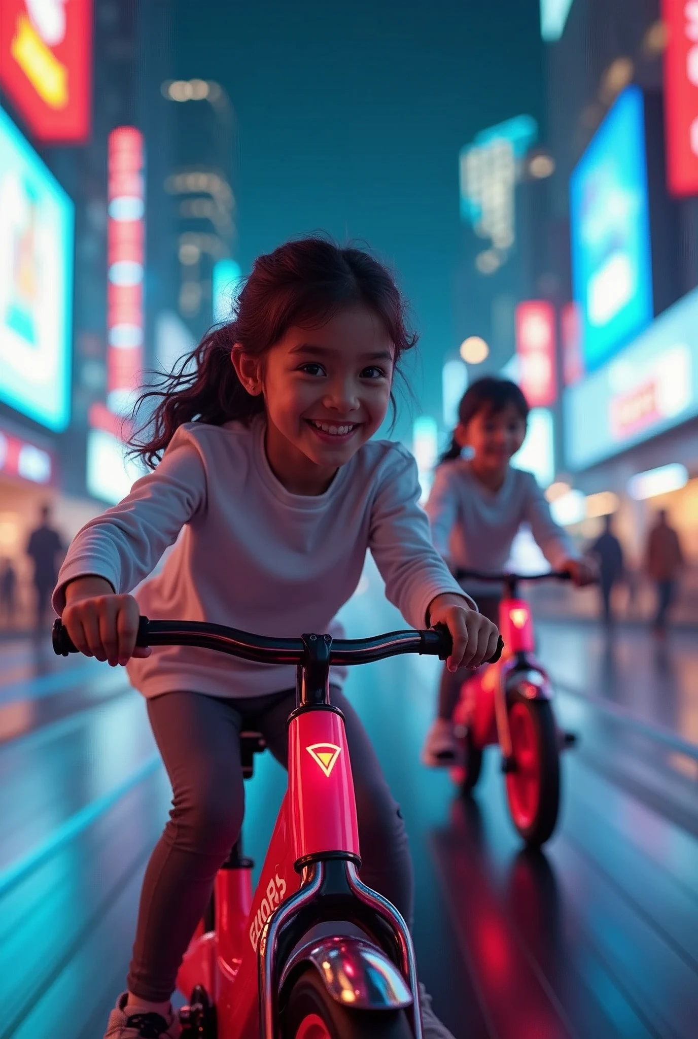 candid portrait of children, 1girl, 1boy, futuristic bicycle, playing with friends, year 2330, cyberpunk, neon lighting, 35mm f/2.8, detailed facial features, realistic skin tones, intricate details, warm color palette, dramatic lighting, motion blur, depth of field, cinematic composition, clean and crisp, high resolution, photorealistic