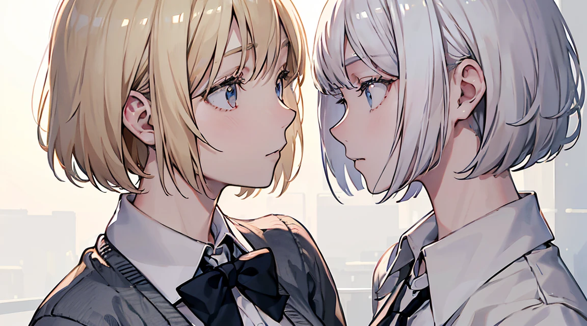 (Bob Cut Hair, Platinum Blonde Hair, profile:1.2),(Wear a cardigan over a collared shirt:1.2),1 person,Japanese,21 years old,(Small breasts:1.3),(Highest quality,masterpiece:1.3,超A high resolution,),(Ultra-detailed,Caustics),(Photorealistic:1.4,RAW shooting,)Ultra-Realistic Capture,Very detailed,High resolution 16K human skin close-up。 Natural skin texture、,Pores、、It needs to be detailed enough to be easily identifiable。 Skin should be even-toned and healthy looking。 Use natural light and colour, Sad expression, Looking at the camera, Perfect dynamic composition, Outdoor