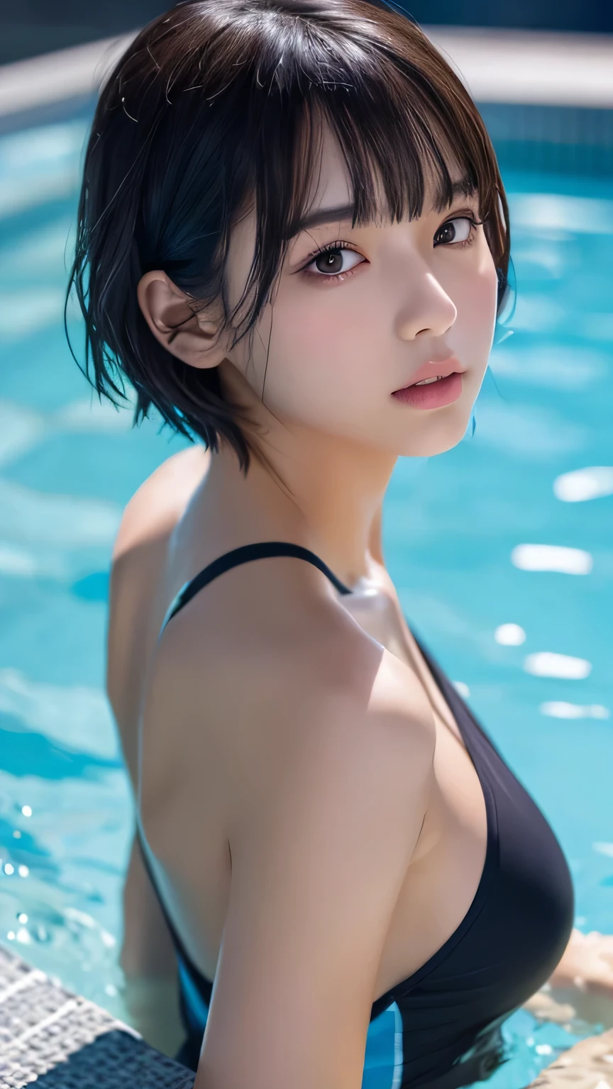 (ultra-realistic), (figure), (High resolution), (8k), (Very detailed), (Best figure), (Beautiful and detailed), (Highest quality), (Super detailed), (masterpiece), (wallpaper), (Detailed face), alone, One Girl, watching viewer, Swimsuit,Less exposure、Fine details, Detailed face, In the Dark, Deep Shadow, modest, Pure Erotic Face Ace_v1, cool, short hair, Pointed diagonal bangs,Swimming pool、Pensive、Swimming、One piece swimsuit