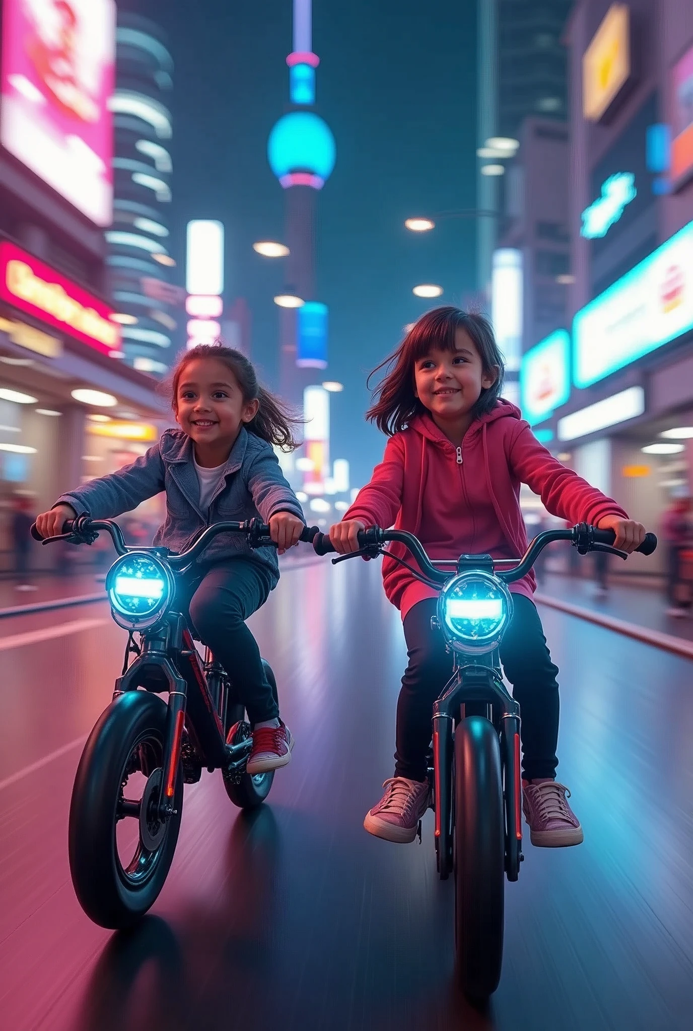 candid portrait of children, 1girl, 1boy, futuristic bicycle, playing with friends, year 2330, cyberpunk, neon lighting, 35mm f/2.8, detailed facial features, realistic skin tones, intricate details, warm color palette, dramatic lighting, motion blur, depth of field, cinematic composition, clean and crisp, high resolution, photorealistic