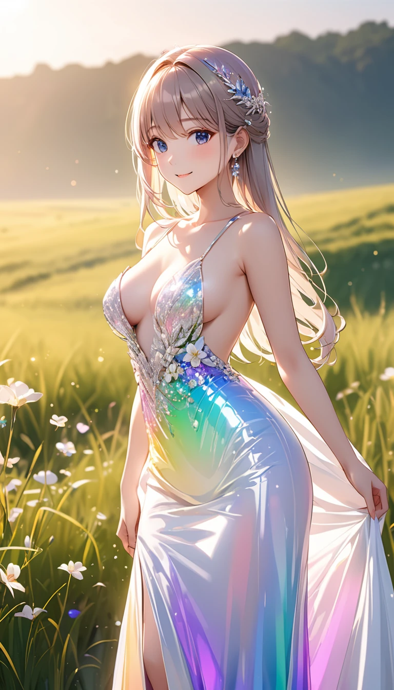 expensivequality illustration, masterpiece, Very delicate and beautiful, attractive,(White floral dress,One-piece with glittering decorations,expensive_White rainbow gradient dress、Long skirt),thin,Slender body,slim,high school student,Grassland Background,Princess, Beautiful Eyes、smile、blush,(masterpiece, Highest quality:1.2), expensiveres, Very detailed CG ユニティ 8k 壁紙, Perfect lighting, colorful, ultra-expensive res,4K,Very detailed, photograph, 8k, High resolution, 、tits、Female organ、Thick pubic hair sticking out、Pubic hair sticking out